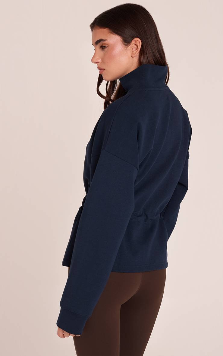 Bleu Marine Veste Zippée À Col Cheminée Et Basque En Jersey Interlock
