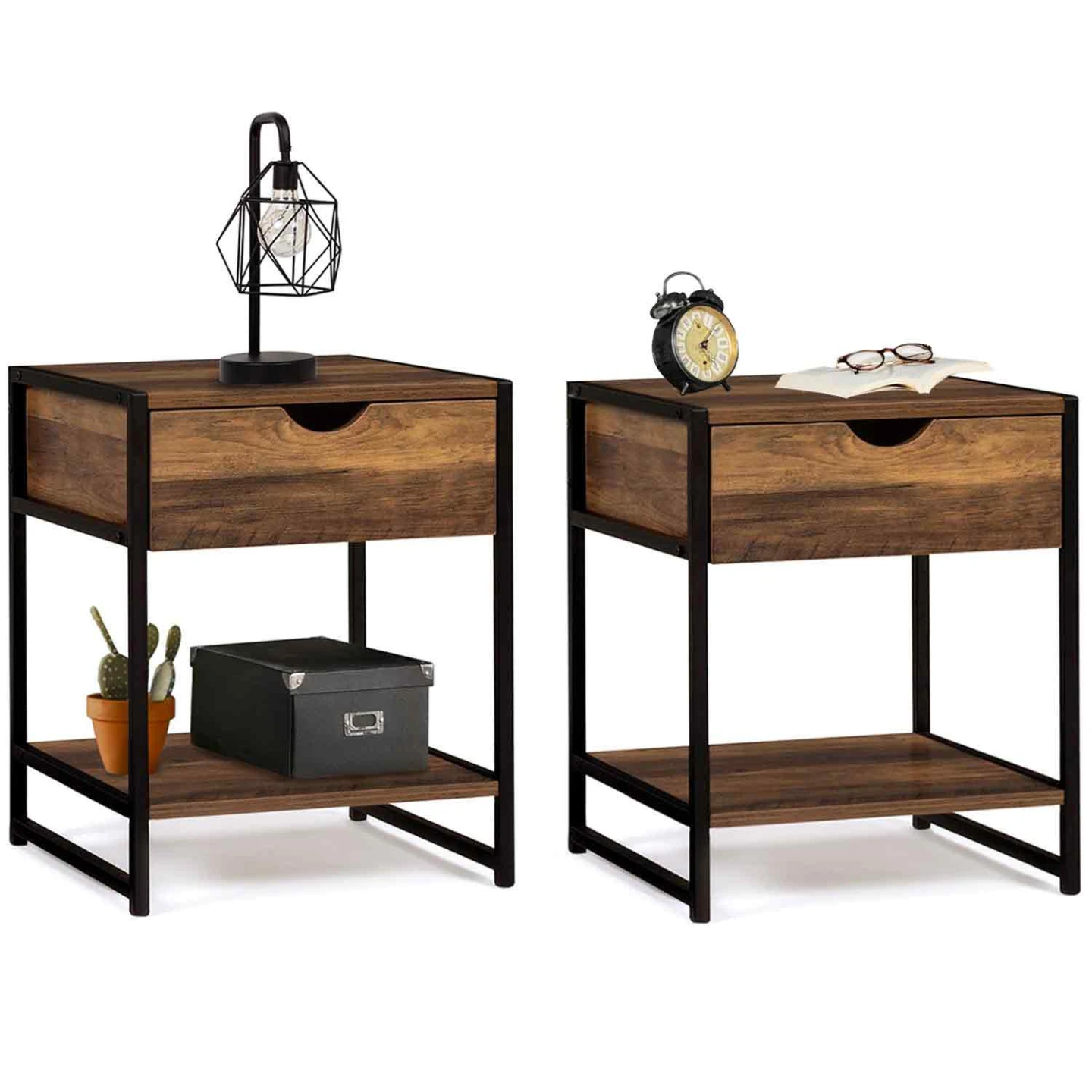 Lot de 2 tables de chevet HAWKINS 1 tiroir avec tablette bois foncé design industriel
