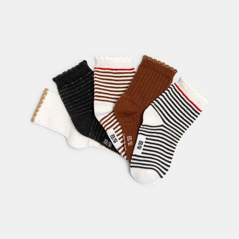 Chaussettes rayées brillantes bords festonnés (lot de 5) marron bébé fille Marron