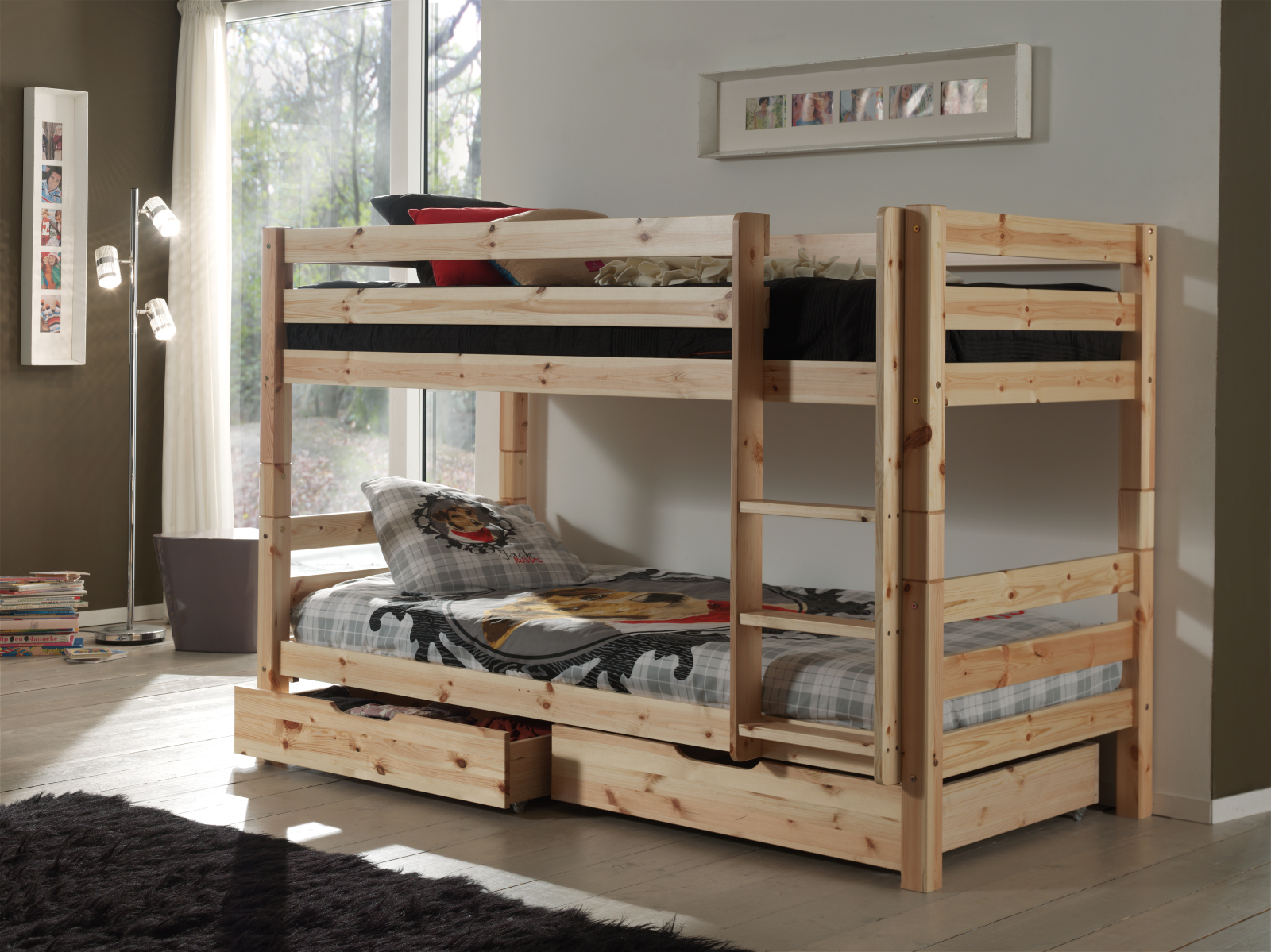 Etagenbett PINO - natur - Kiefer Massivholz - mit Schubladen - 90x200 cm