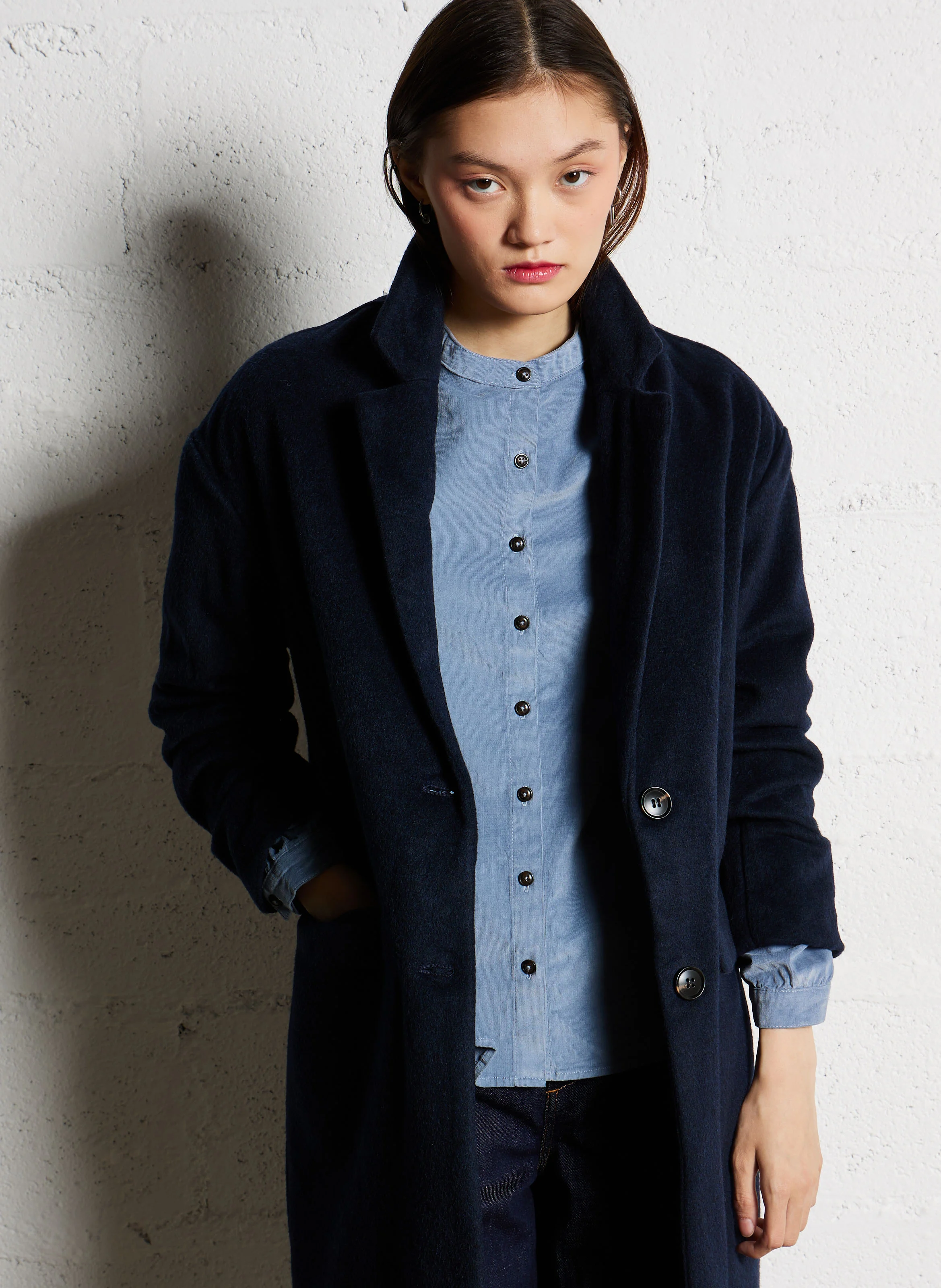 NELIA - Manteau droit col tailleur | Bleu