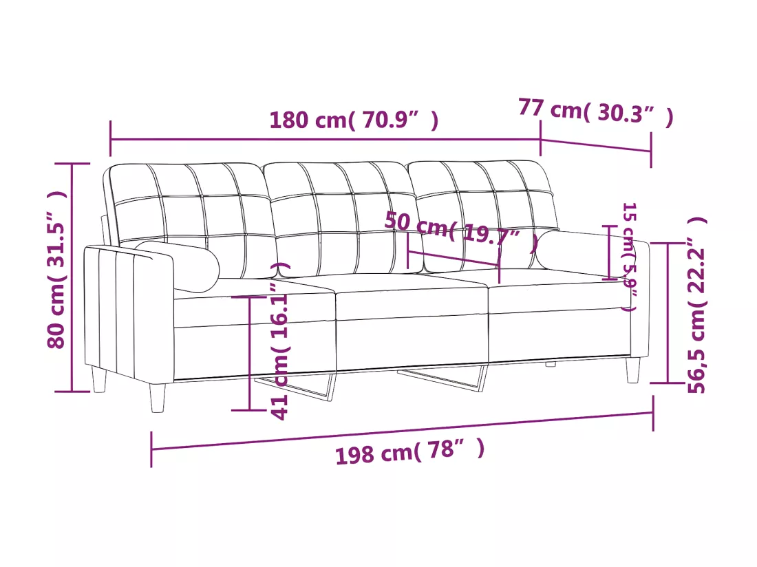 Canapé 3 places avec oreillers décoratifs crème 180 cm tissu