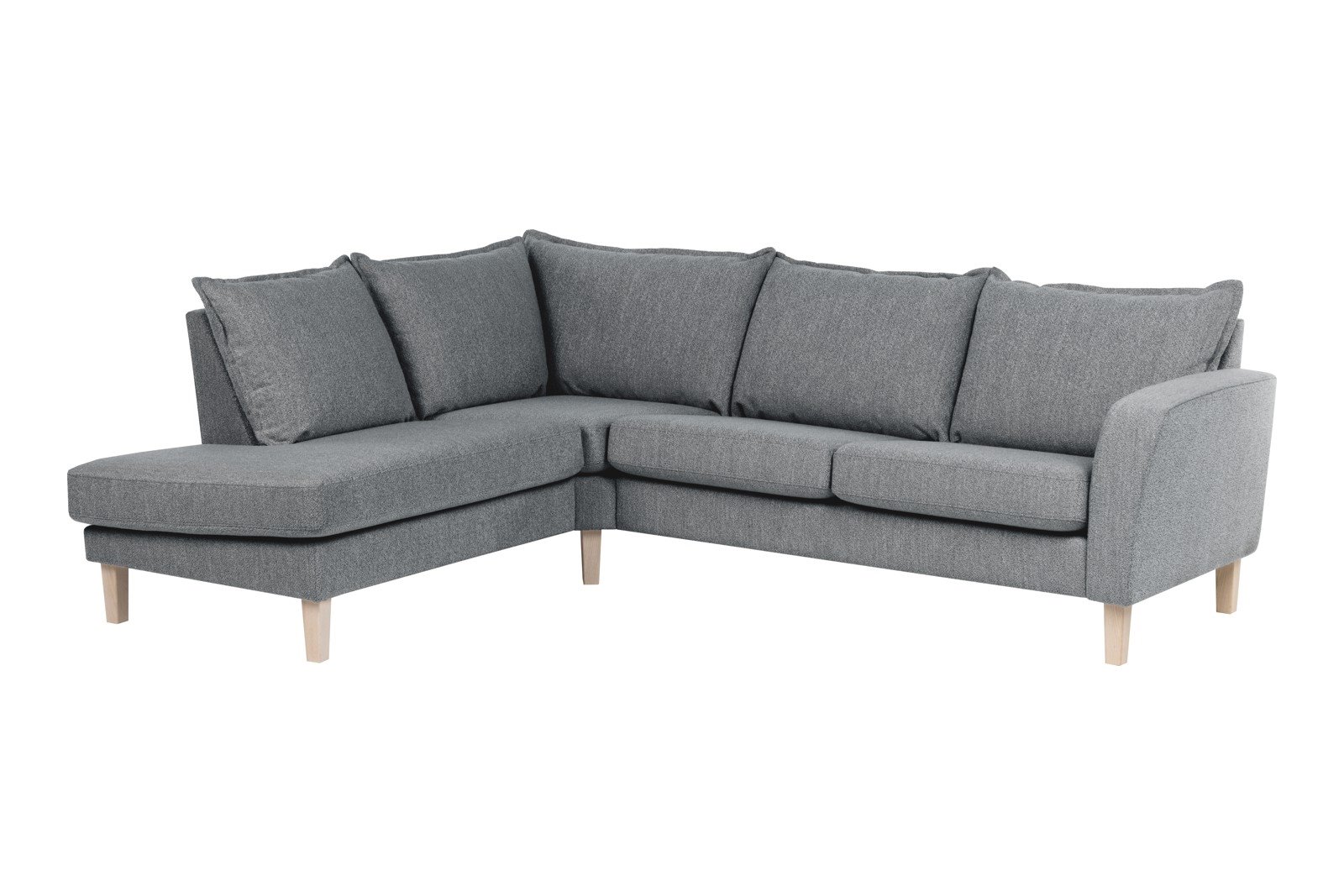 Slogen hjørnesofa Oppsett AV. 2,5-seter med åpen ende venstre. Tekstil Viva Grey med soft ryggpute. Vange A og hvitpigmentert ben 178.
