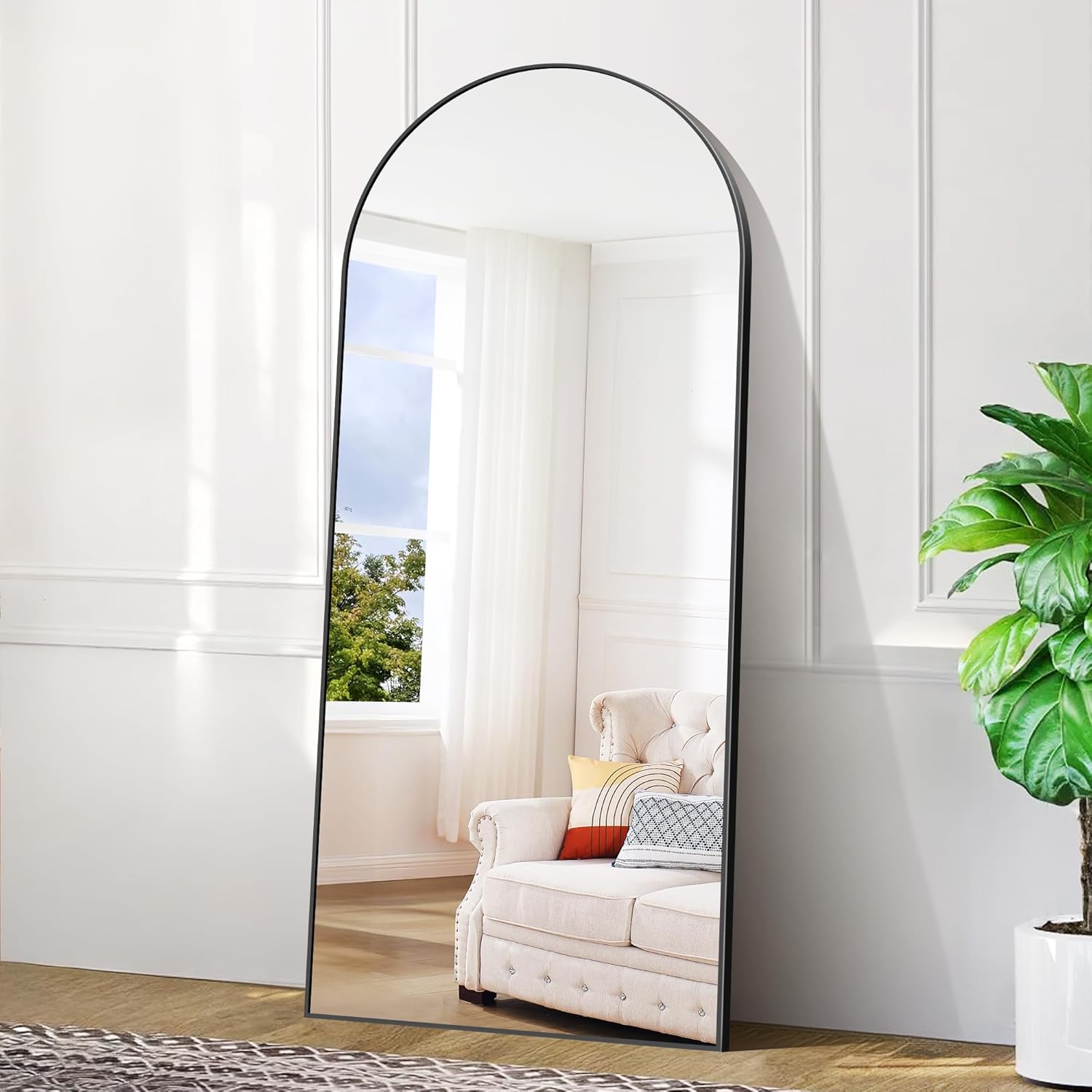BONEWEI Ganzkörperspiegel 179x65cm, Bogen Standspiegel Ganzkörperspiegel mit Schwarzer Aluminiumrahmen, Groß Gewölbter Wandspiegel zum Stehen, Anlehnen oder Hängen für Wohnzimmer Schlafzimmer Flur