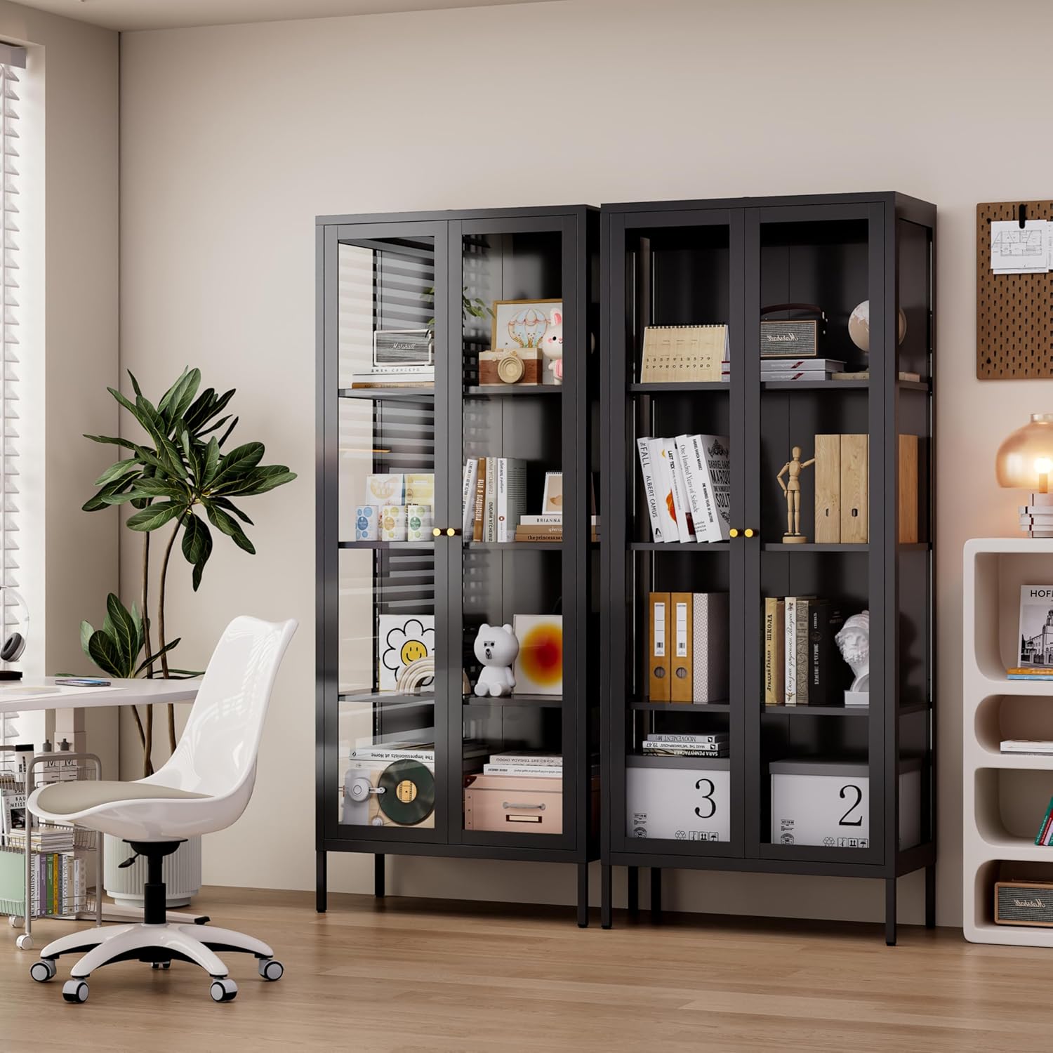 Vitrine mit Glastüren,Glasvitrine Stehend Vitrinenschrank mit 3 höhenverstellbaren Fachböden, Sammlervitrine Glasschrank für Wohnzimmer Schlafzimmer Wein Büro, Schwarz(35x70x168cm)