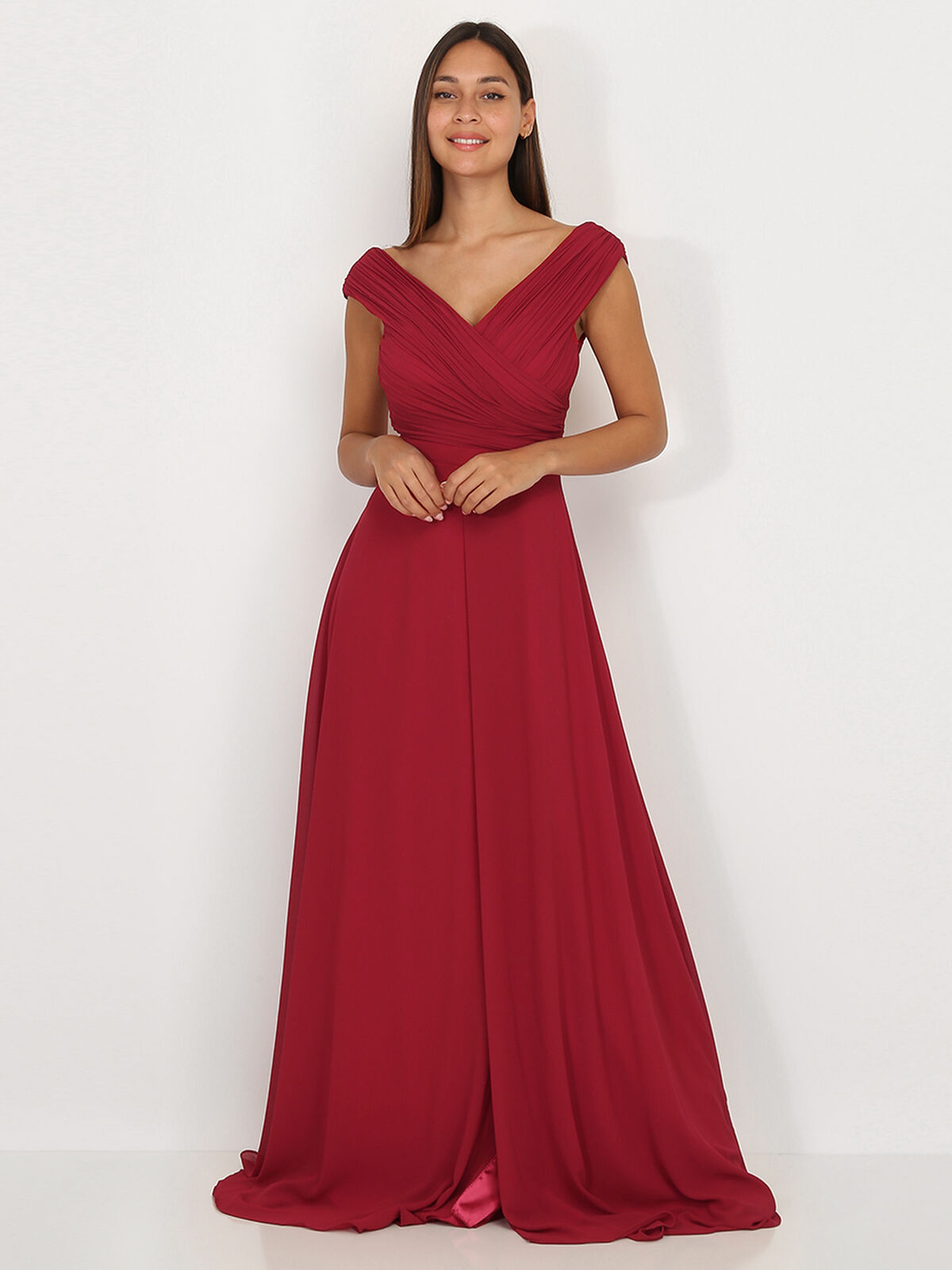 Robe longue drapée avec fente- Rouge