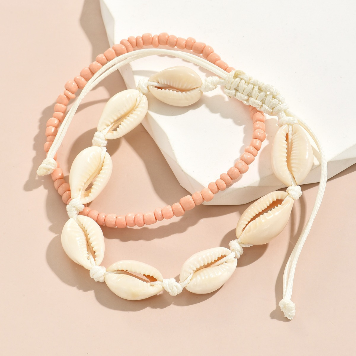 (2-tlg. Set) Perlen Fusskette Muschel Modeschmuck Sommer Anklet Boho Fuss Kettchen - Weiss / Beige
