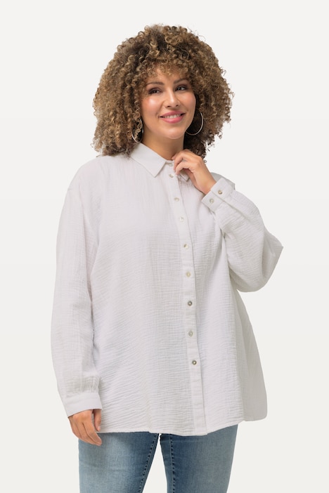 Musselin-Hemdbluse, Oversized, Hemdkragen, Langarm