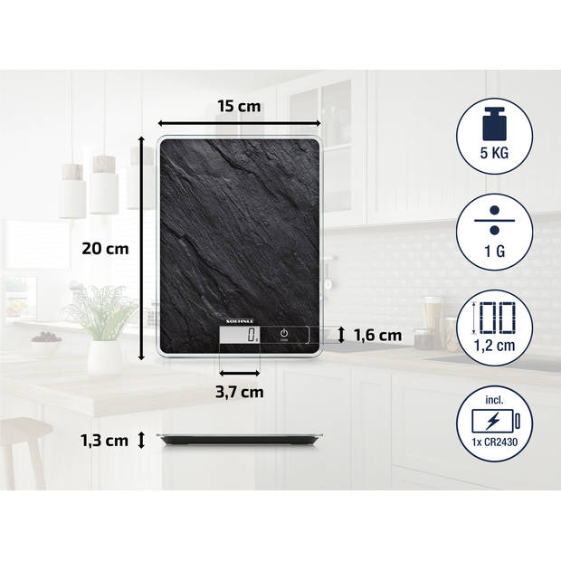 Soehnle keukenweegschaal Compact 300 - digitaal - 1 gr nauwkeurig - tot 5 kg - leisteenlook - zwart