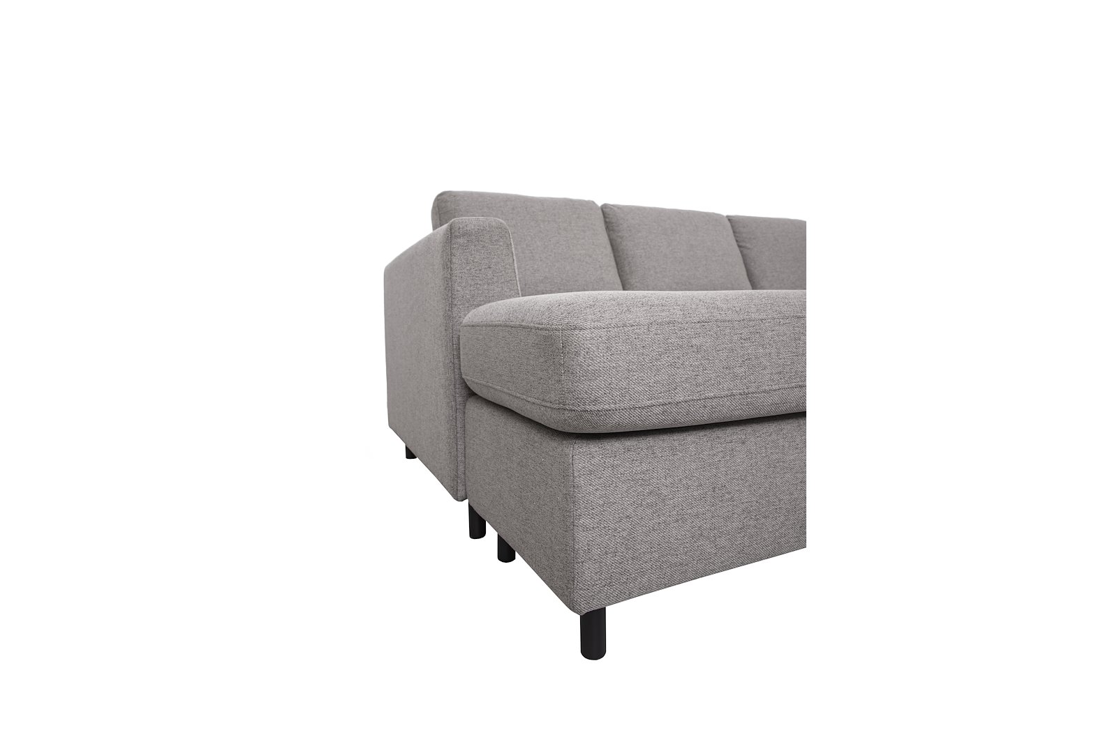 Oslo U-sofa Sjeseong venstre og åpen ende høyre. Tekstil Neve 85 Steel Grey med sorte ben