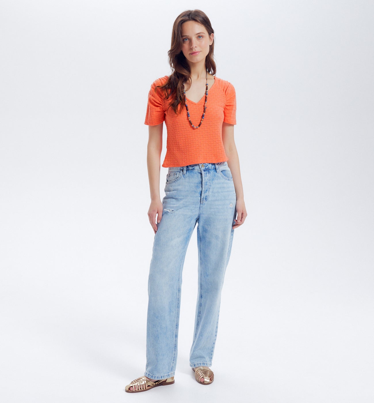 Top en maille ajourée Femme - Pêche