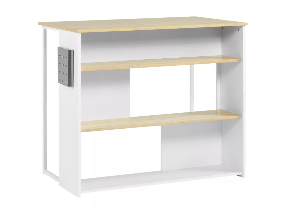 Ilot de cuisine table de bar - 3 étagères, porte-couteaux acier inox. - blanc aspect chêne clair
