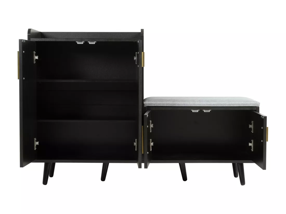 Banc à chaussures moderne avec 4 portes et coussin - pièds et poignées en métal - coloris noir - 120 x 34 x 82 cm