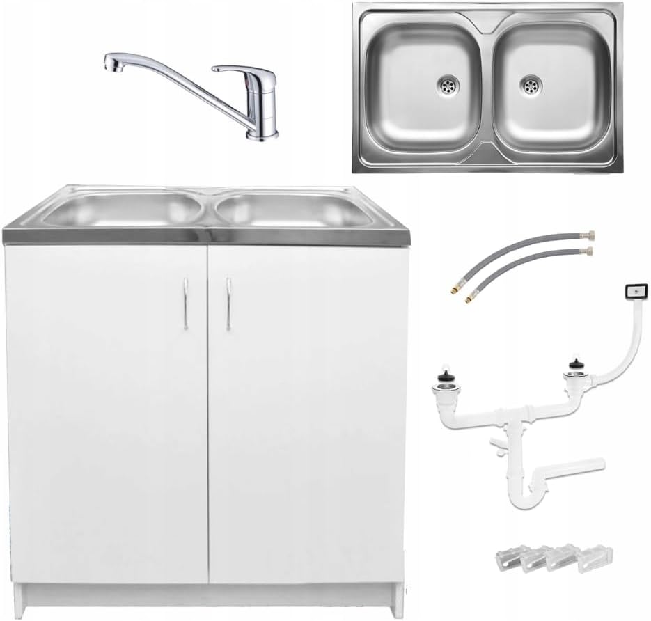 Möbel Spüle mit Unterschrank 80 cm Weiß Küchenspüle 2-Kammer & Edelstahl-Spülbecken kompakter Spülenunterschrank für Küche, Standschrank 49 cm Tiefe Siphon Montagefertig