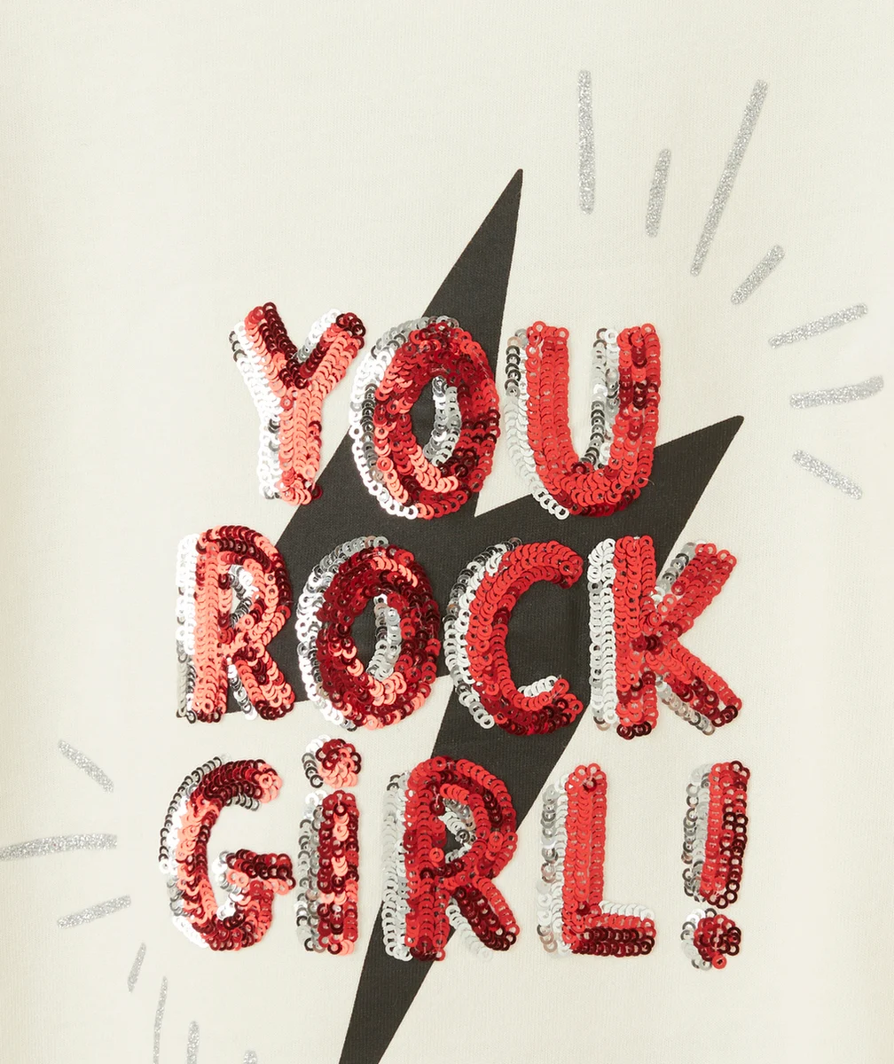 T-SHIRT FILLE EN COTON BIO ÉCRU AVEC MESSAGE ROCK EN SEQUINS