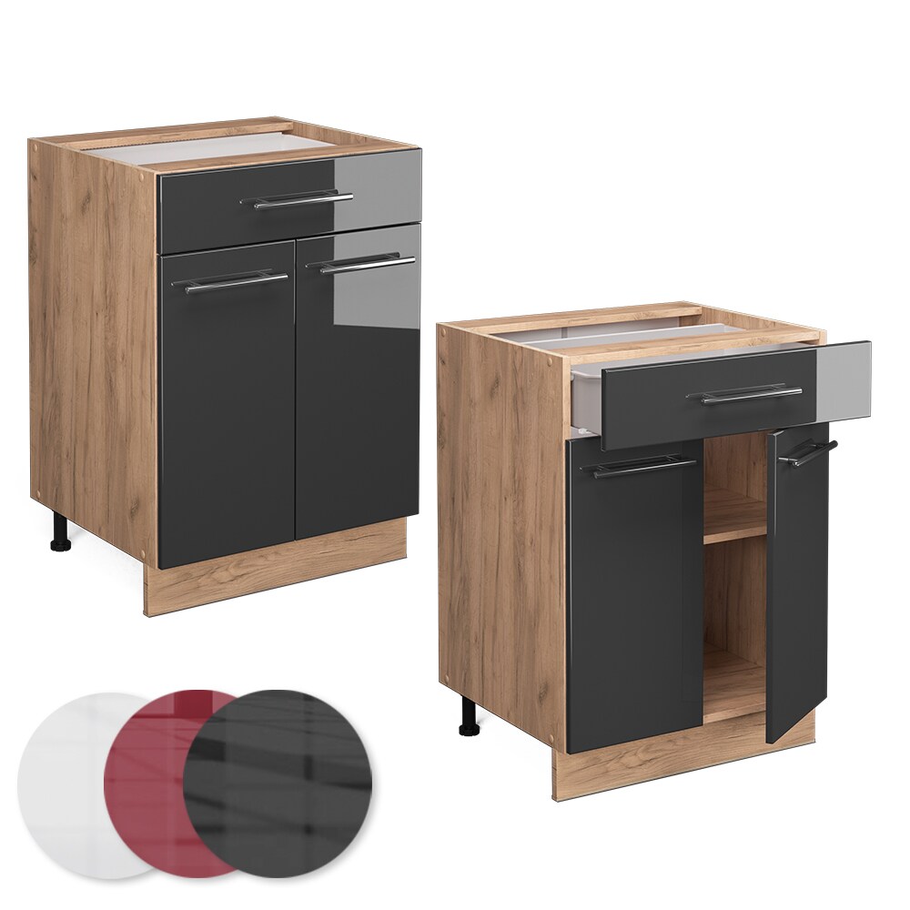 Vicco Schubunterschrank Küchenschrank Küchenmöbel Fame-Line Eiche Anthrazit modern 60 cm Küche Einbauküche Drehtür Schublade Einlegeboden Blende Küchenzeile Hochglanz