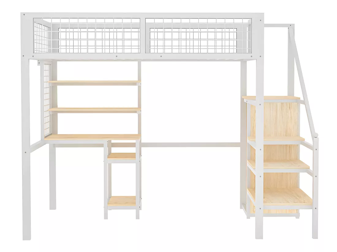 Lit mezzanine - moire avec étagères - 90 x 200 cm - Blanc - Sweiko