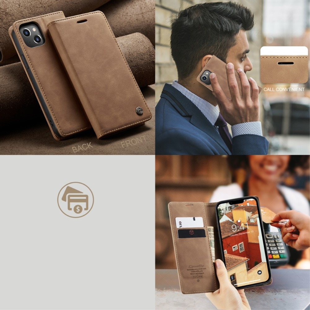 iPhone 14 Leder Tasche Flip Wallet Etui mit Kartenfächern - Hellbraun