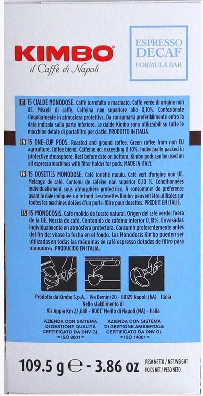 Kimbo - Espresso Decaffeinato - Koffiecups - 15 E.S.E. pods