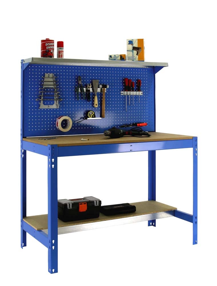 PROREGAL Buffalo werkbank met gereedschapswand en opbergplank, afmetingen (H x B x D): 84 x 90 x 61 cm, draagvermogen: 400 kg, blauw