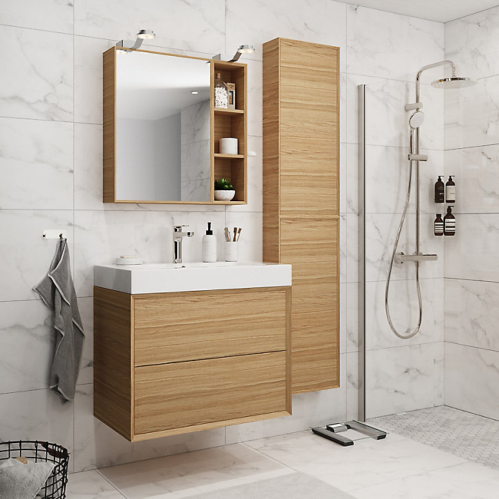 Meuble sous vasque à suspendre GoodHome Avela placage chêne 80 cm + plan vasque Duala
