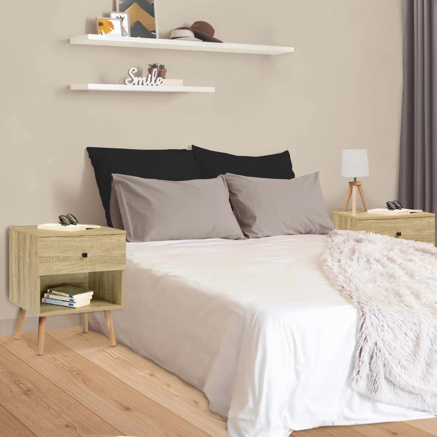 Lot de 2 tables de chevet EMMIE scandinaves 1 tiroir avec niche hêtre