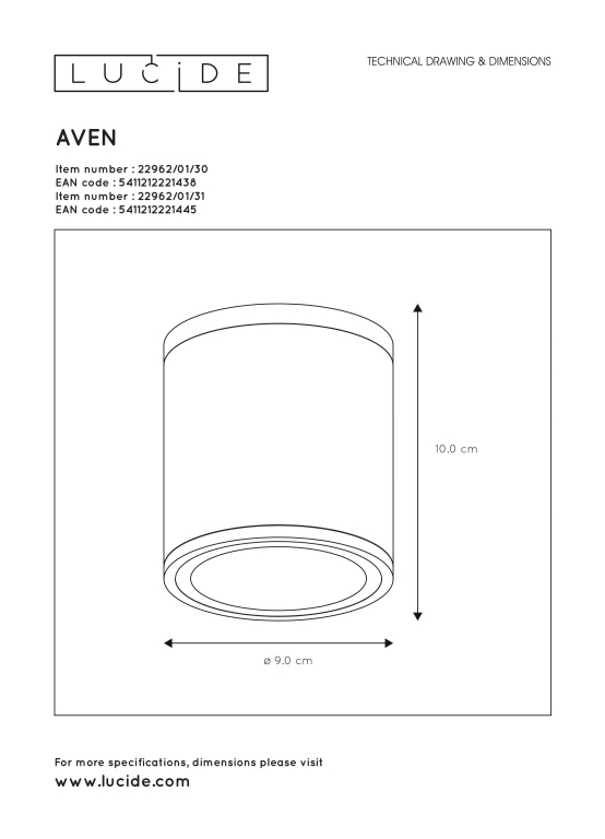 Lucide Aven spot Ø9 badkamer IP65 wit