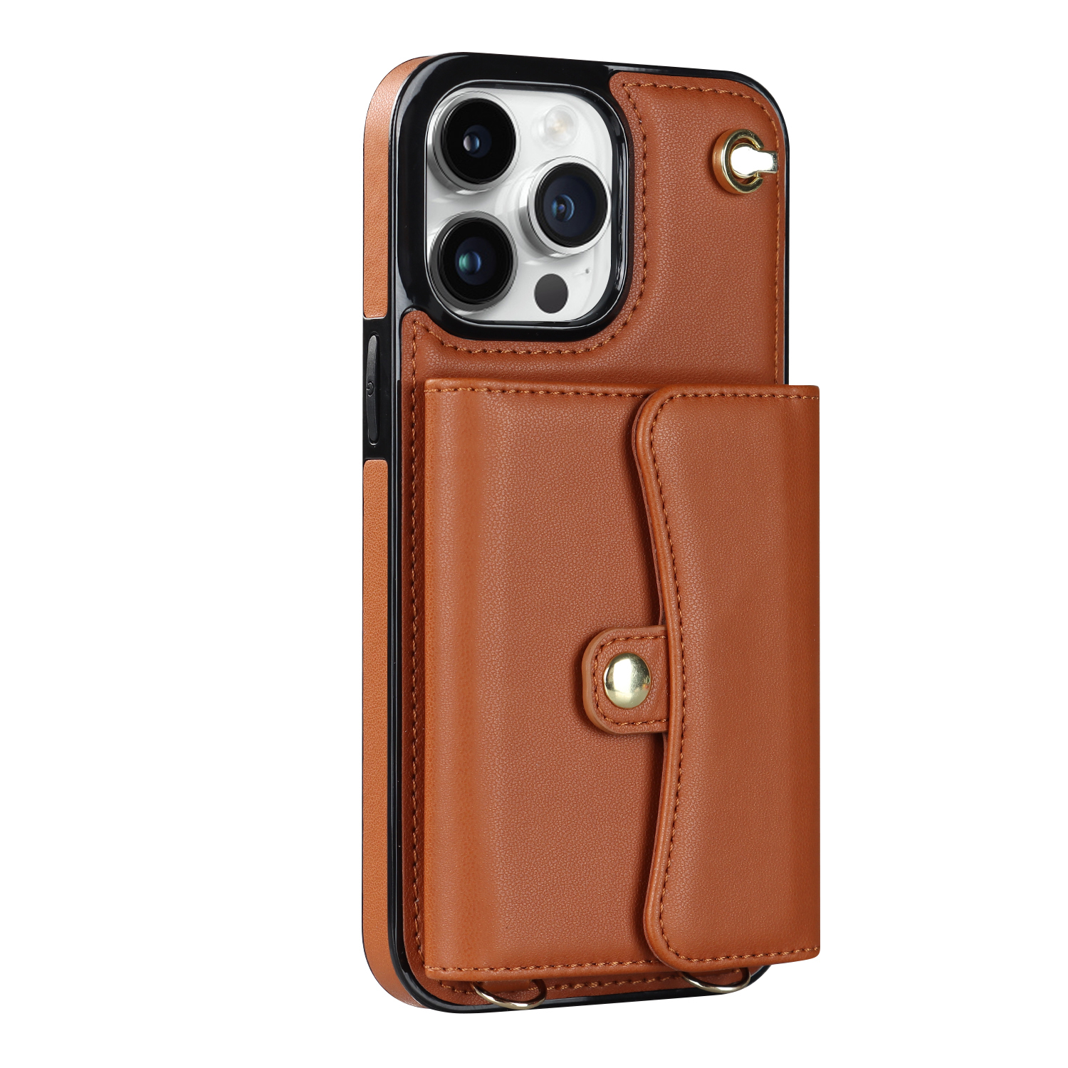 iPhone 13 Pro Necklace Leder Schutz Hülle mit Kartenfach   Handykette (140cm) - Braun