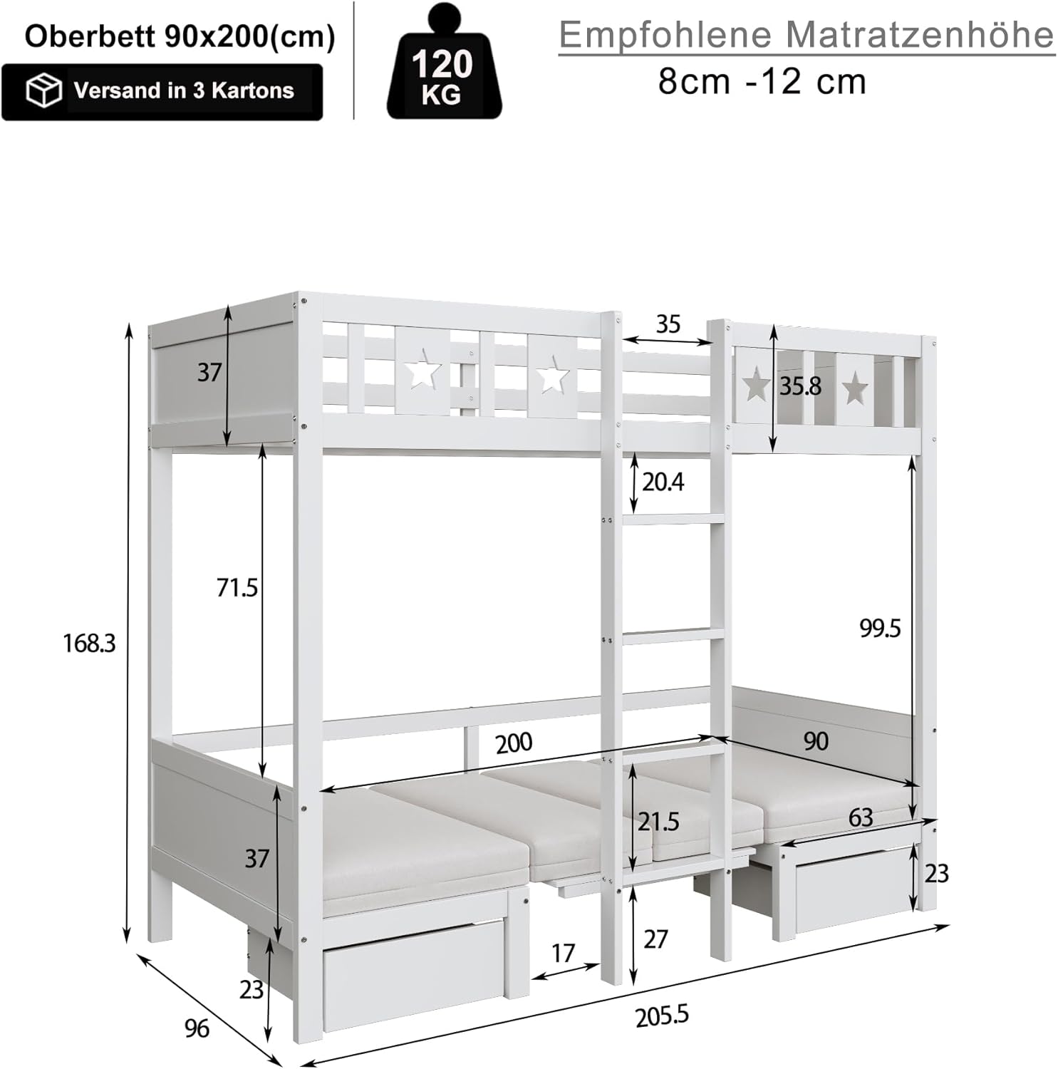 Platzsparendes Etagenbett für Kinder, Hochbett mit Flexibler Tisch und Holzsofa, Kinderbett mit Treppe und 2 Schubladen, 90x200cm Funktionsbett Stockbett Hochbett Jugendhochbett, Weiß, Ohne Matratze