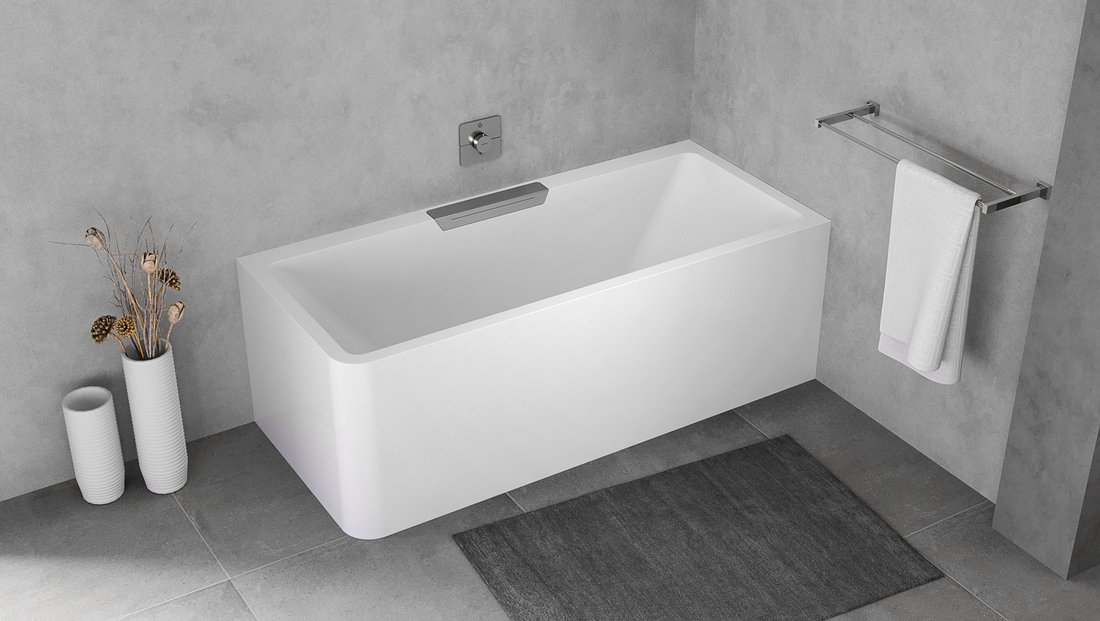 Polysan Monolith Cascata rechts half vrijstaand bad met RVS waterval uitloop 180x80cm