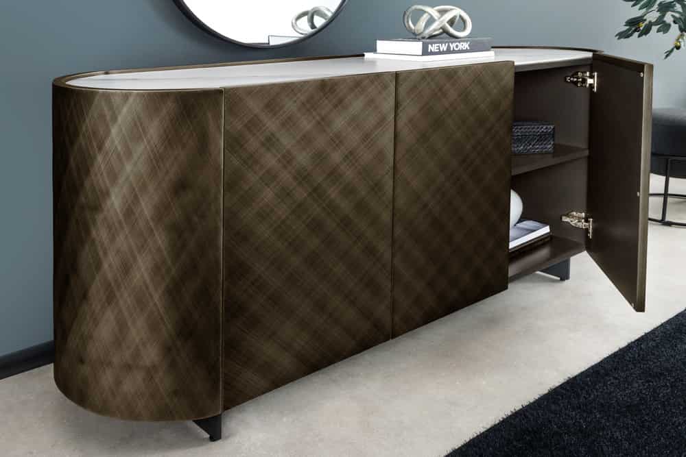 Design Sideboard REFLECTION 150cm weiß Keramik Marmor bronze 3D Effekt brushed Finish