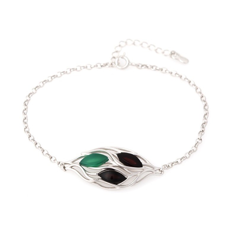 BRACELET AGATE NATURELLE TAINTEE VERTE, AMBRE ARGENT