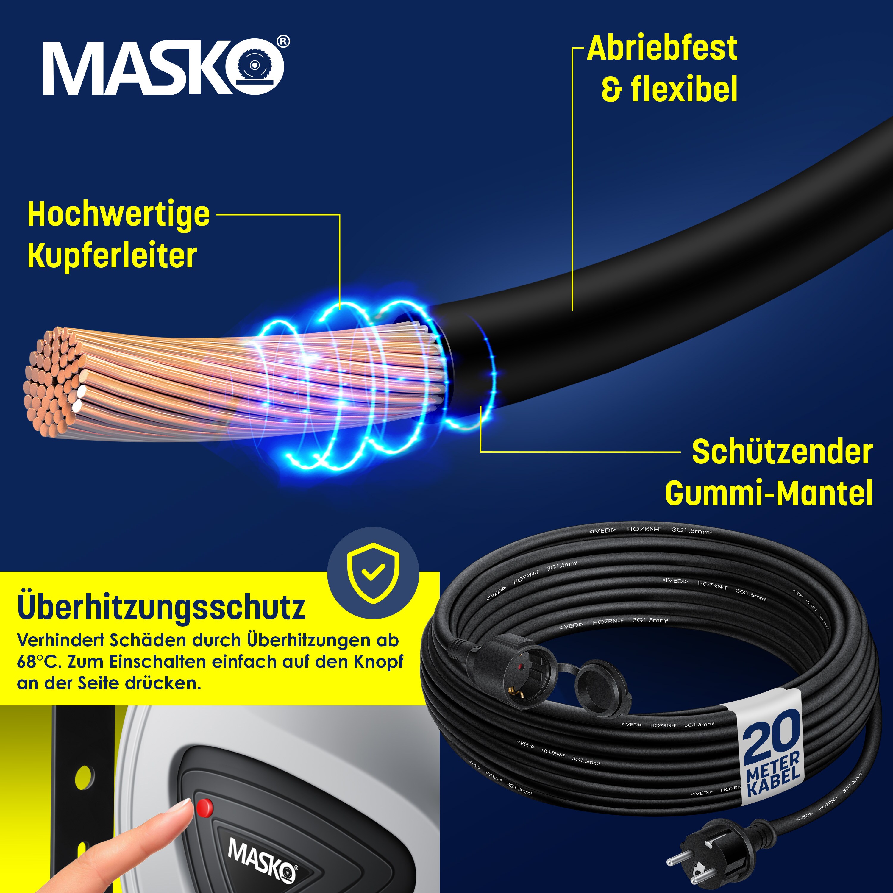 MASKO® Automatik Kabeltrommel Verlängerungskabel mit 3-Fach Anschluss 180° drehbar 1,5m Zuleitung Wandhalterung Werkstatt Kabelaufroller Automatisch Stromtrommel Schlauchaufroller Inkl. Handschuhe