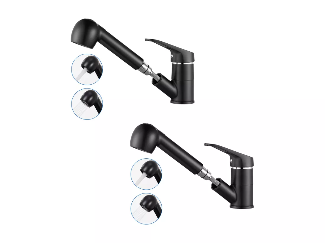 2PCS Mitigeur Cuisine AURALUM MAX Noir avec Douchette Extractible 2 Jets Robinet Évier 360° en Laiton Robinetterie avec Monotrou L'eau Froide/Chaude