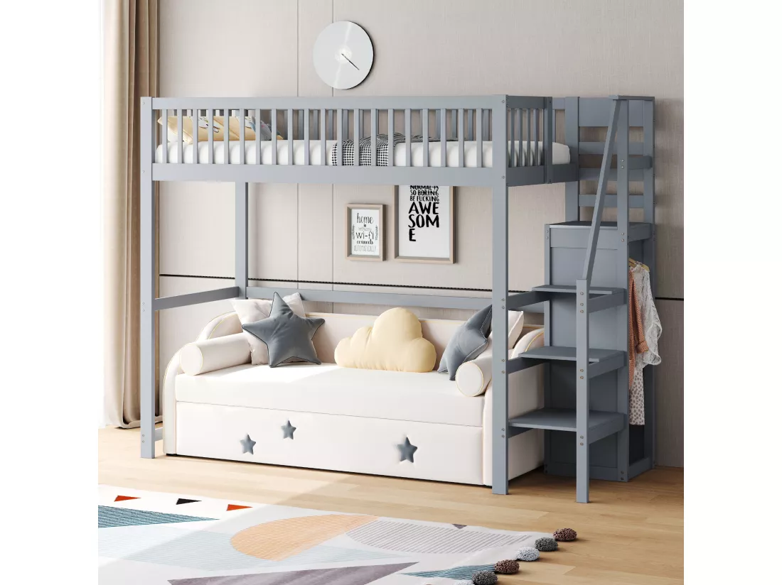 Lit mezzanine 90 x 200 cm avec armoire et escalier - Bois massif + contreplaqué + MDF - Gris (Sans matelas)