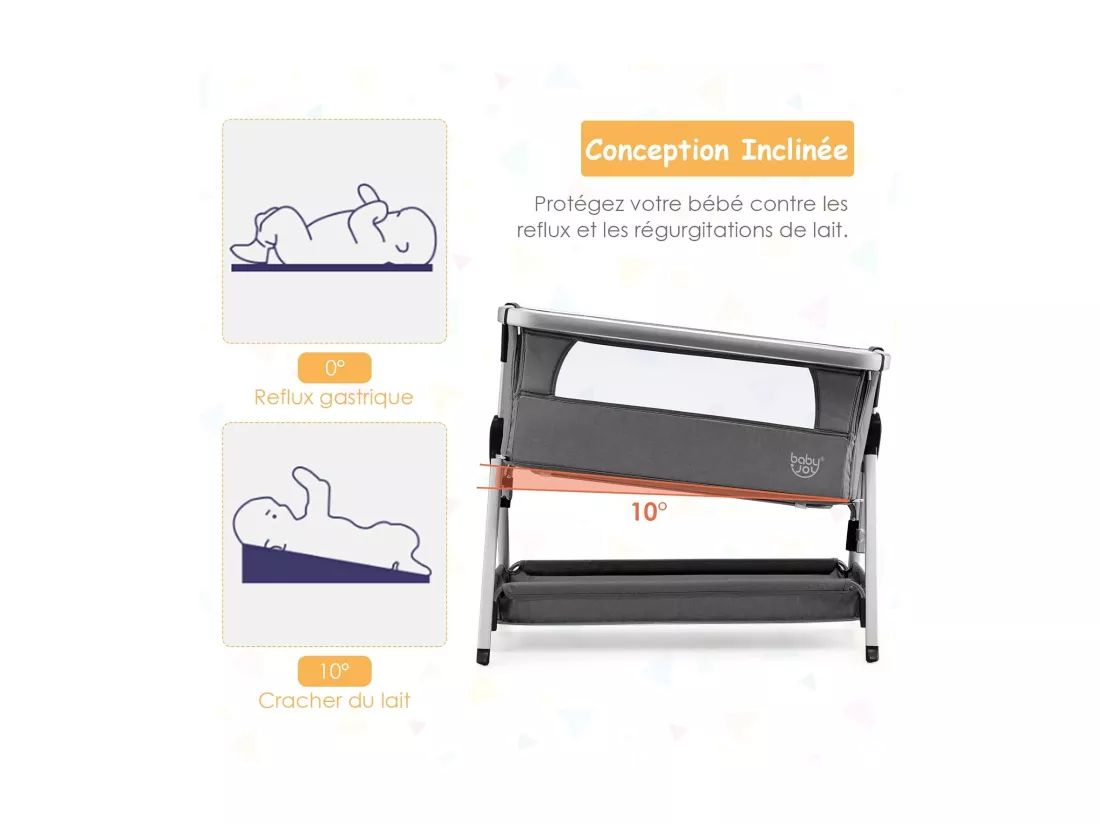 Berceau Cododo Bébé avec Matelas 7 Hauteurs Réglables Espace de Rangement Fenêtre en Maille Respirante 0-36 Mois, Gris Foncé