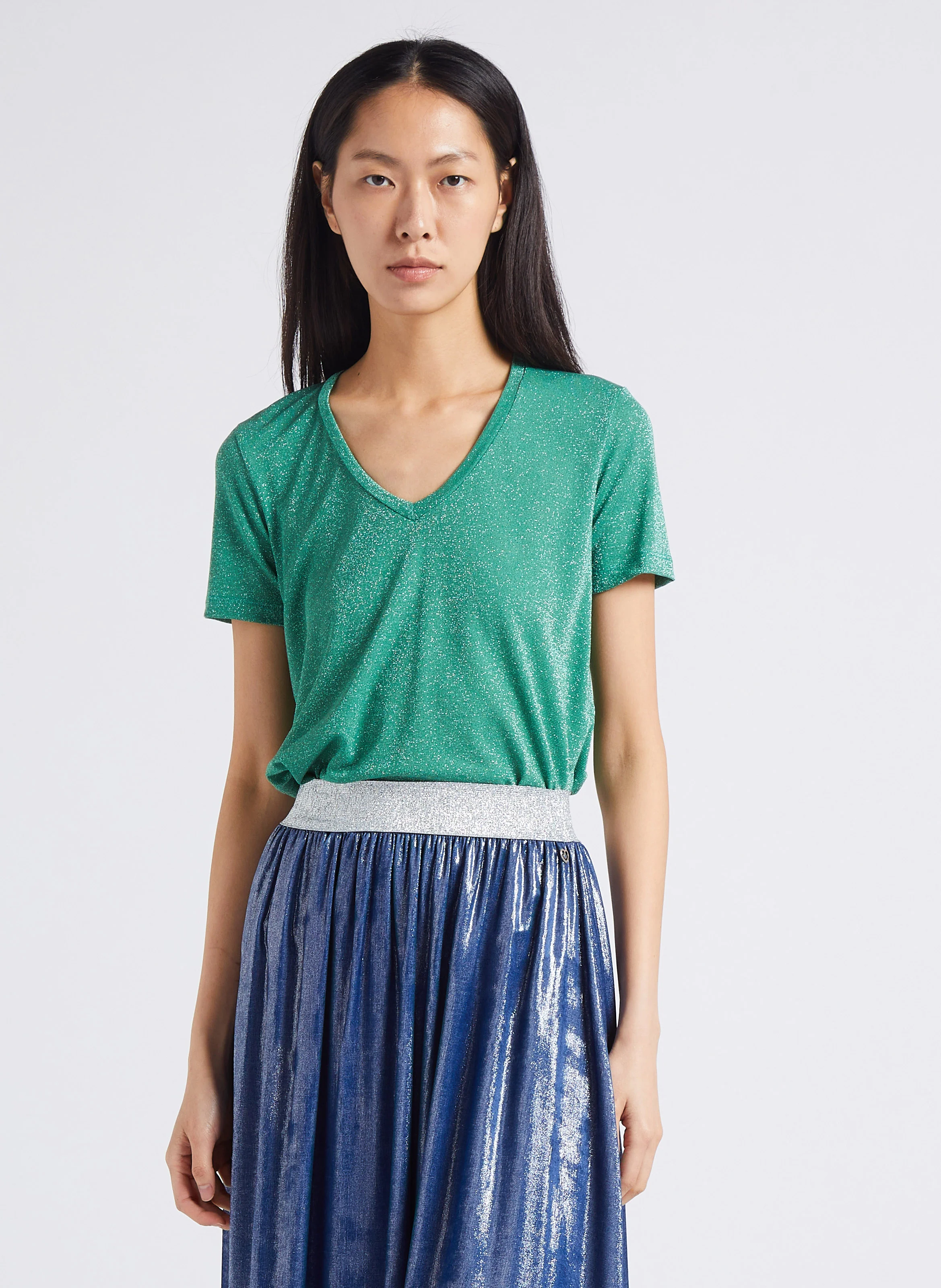 T-shirt col V en fibres métallisées | Vert