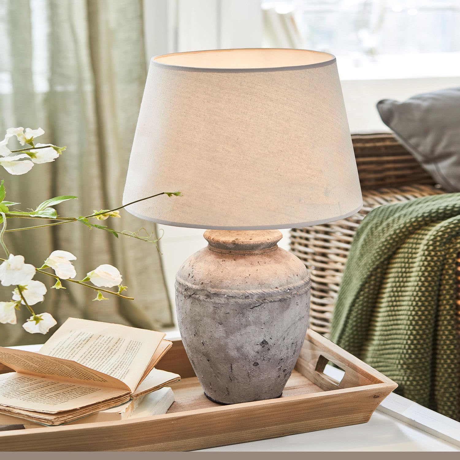 LOBERON® Tischlampe Mosnay, Leinen, Kunststoff, Keramik, Eisen, H/Ø ca. 58/30 cm, beige/antikgrau
