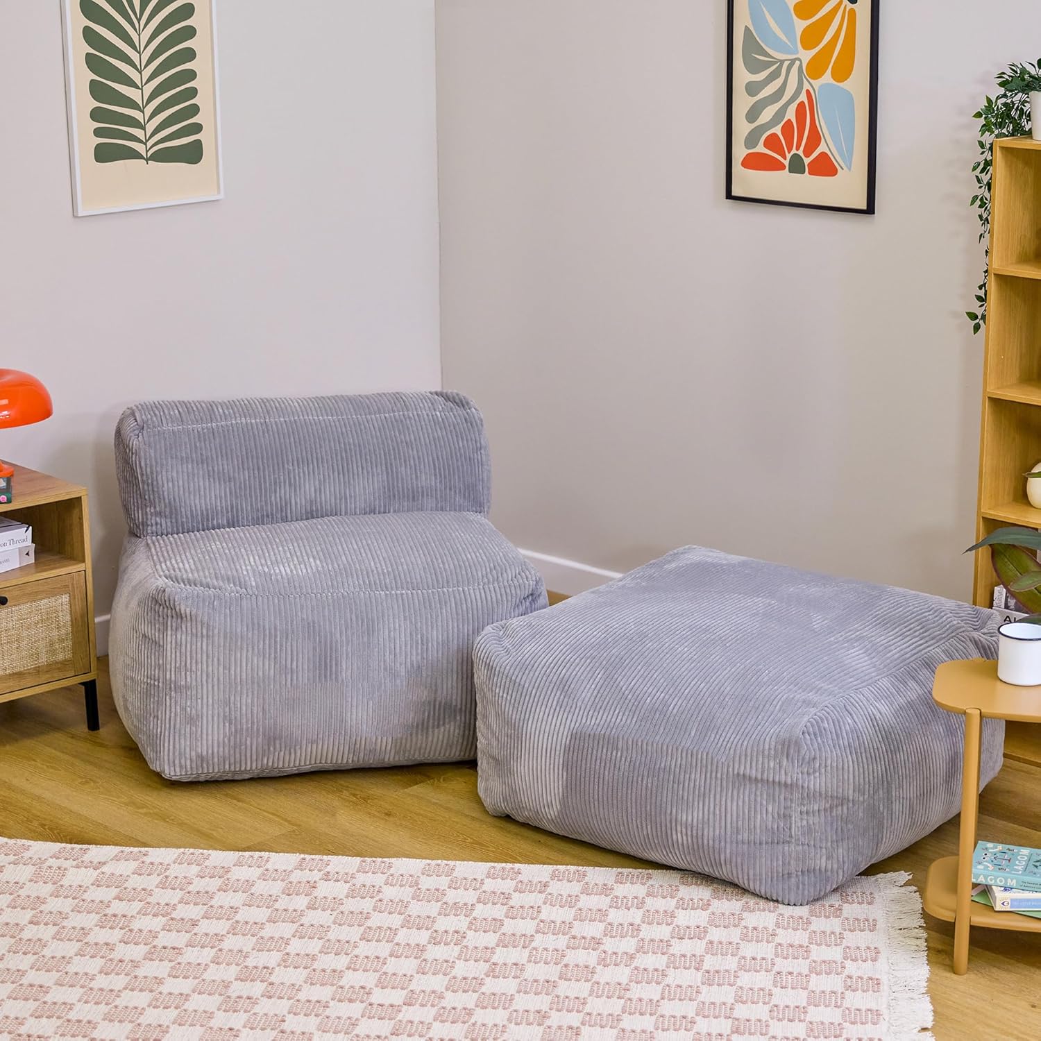 Icon Zen Sitzsack und Hocker, Modular Sofa für Erwachsene, Grau, Flauschiger Cordstoff, Ecksofa, Bequemer Bean Bag Sofa mit Schaumstoff Füllung, Relaxsessel, Lounge, Wohnzimmer Möbel