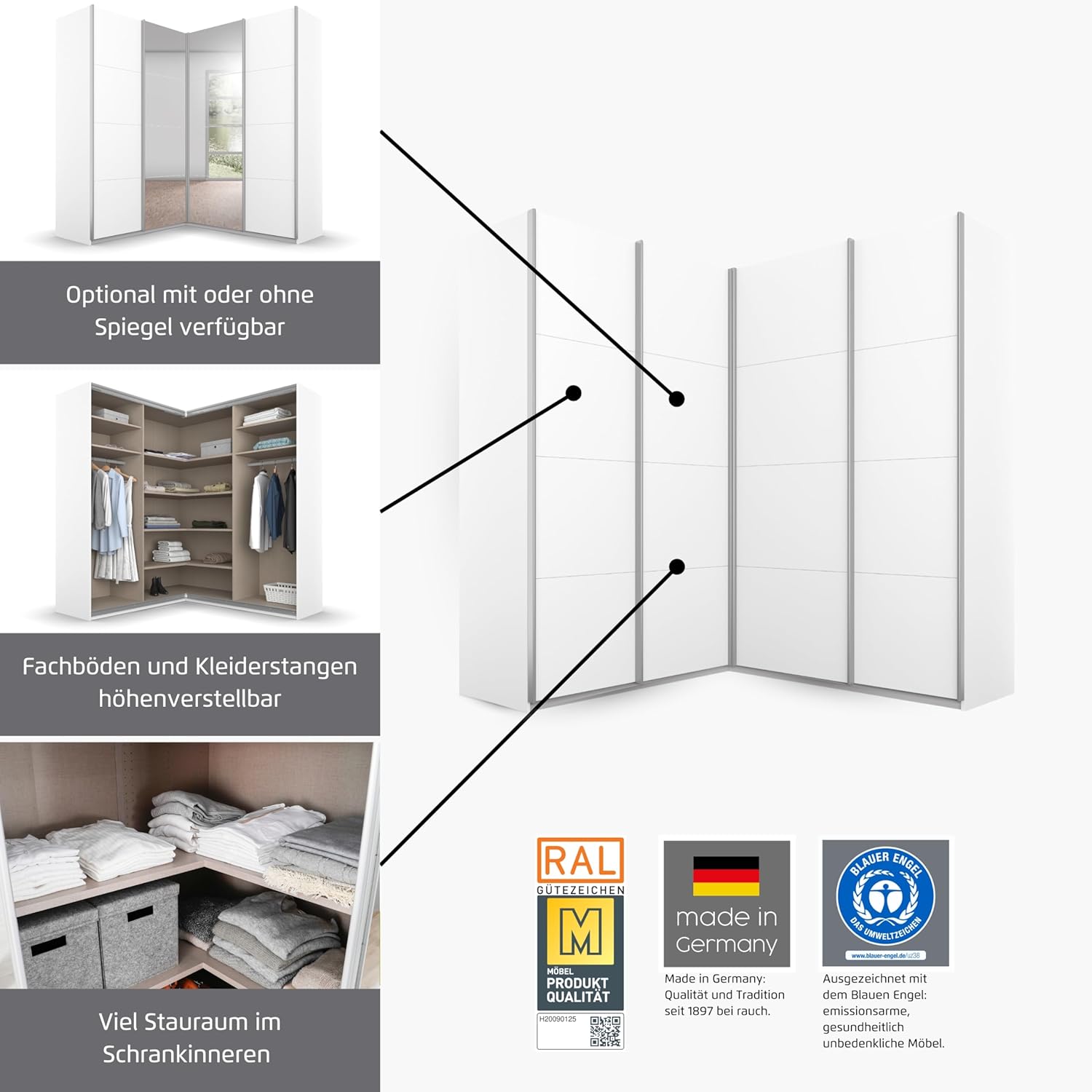 Rauch Möbel Quadra Schrank Eckschrank Schwebetürenschrank, Grau, 4-TRG. mit Spiegel, inkl. 2 Kleiderstangen, 12 Einlegeböden, BxHxT 181x229x187 cm
