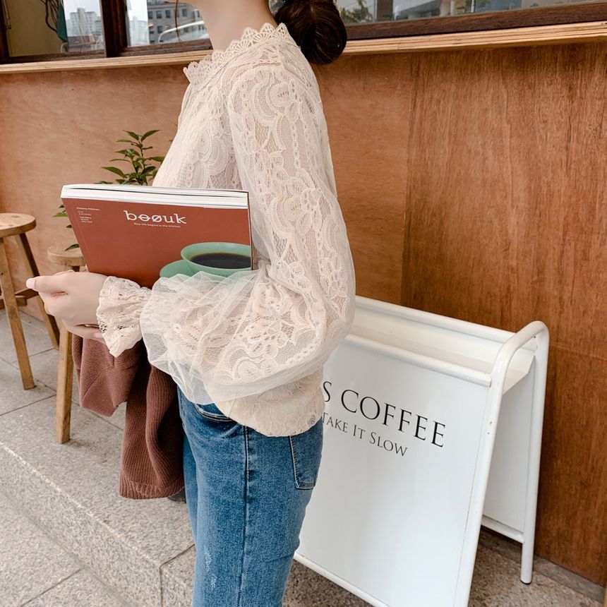 Onipixiy - Blouse met pofmouwen en een mockneck, effen mesh paneel en kant