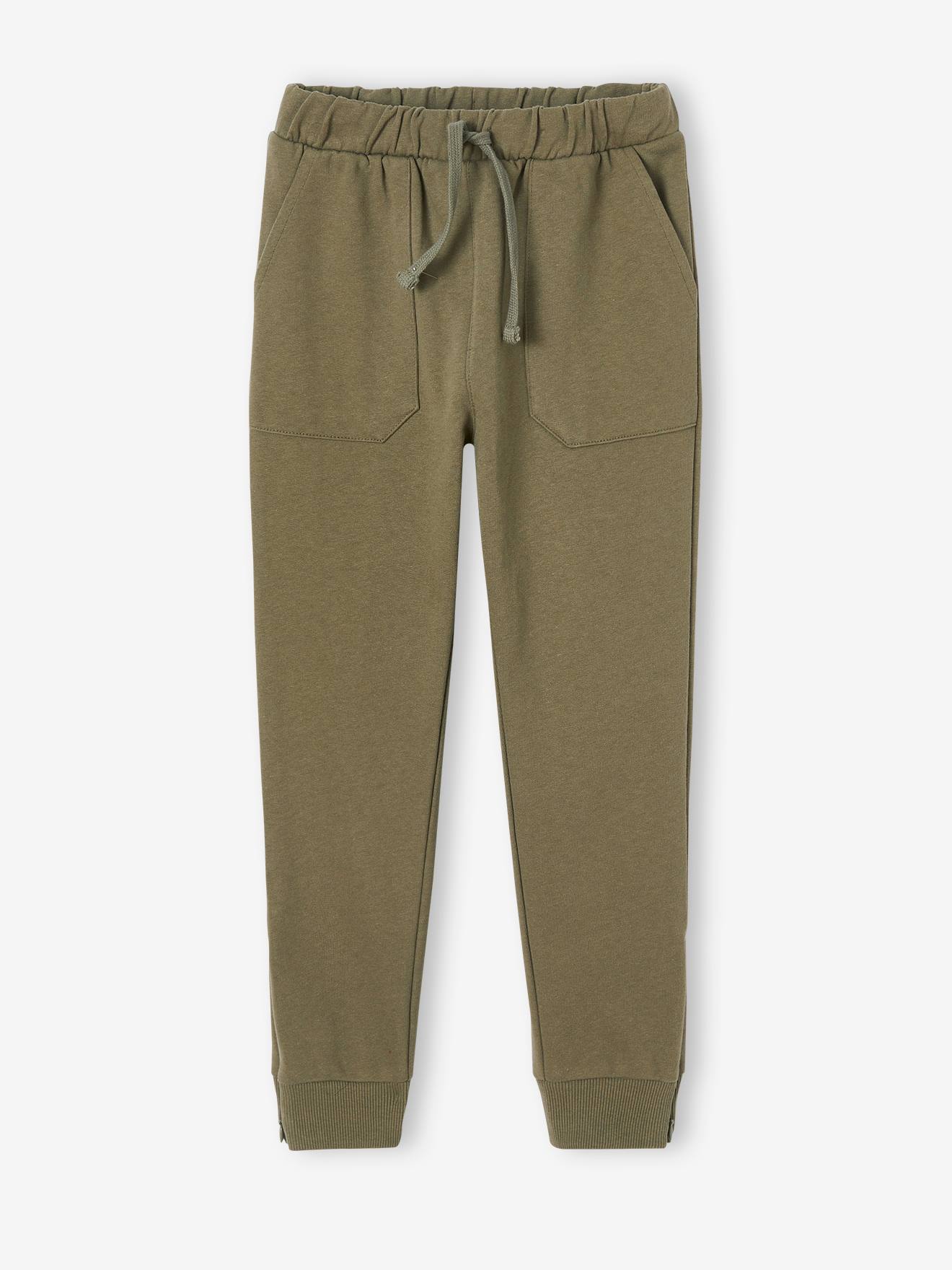 Calça de moletom esportiva preta com zíper na barra e bolsos laterais para meninos