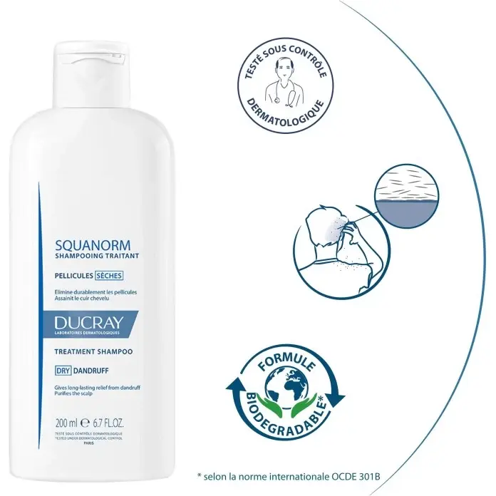 Shampooing traitant Ducray Squanorm pellicules sèches - Flacon de 200 ml