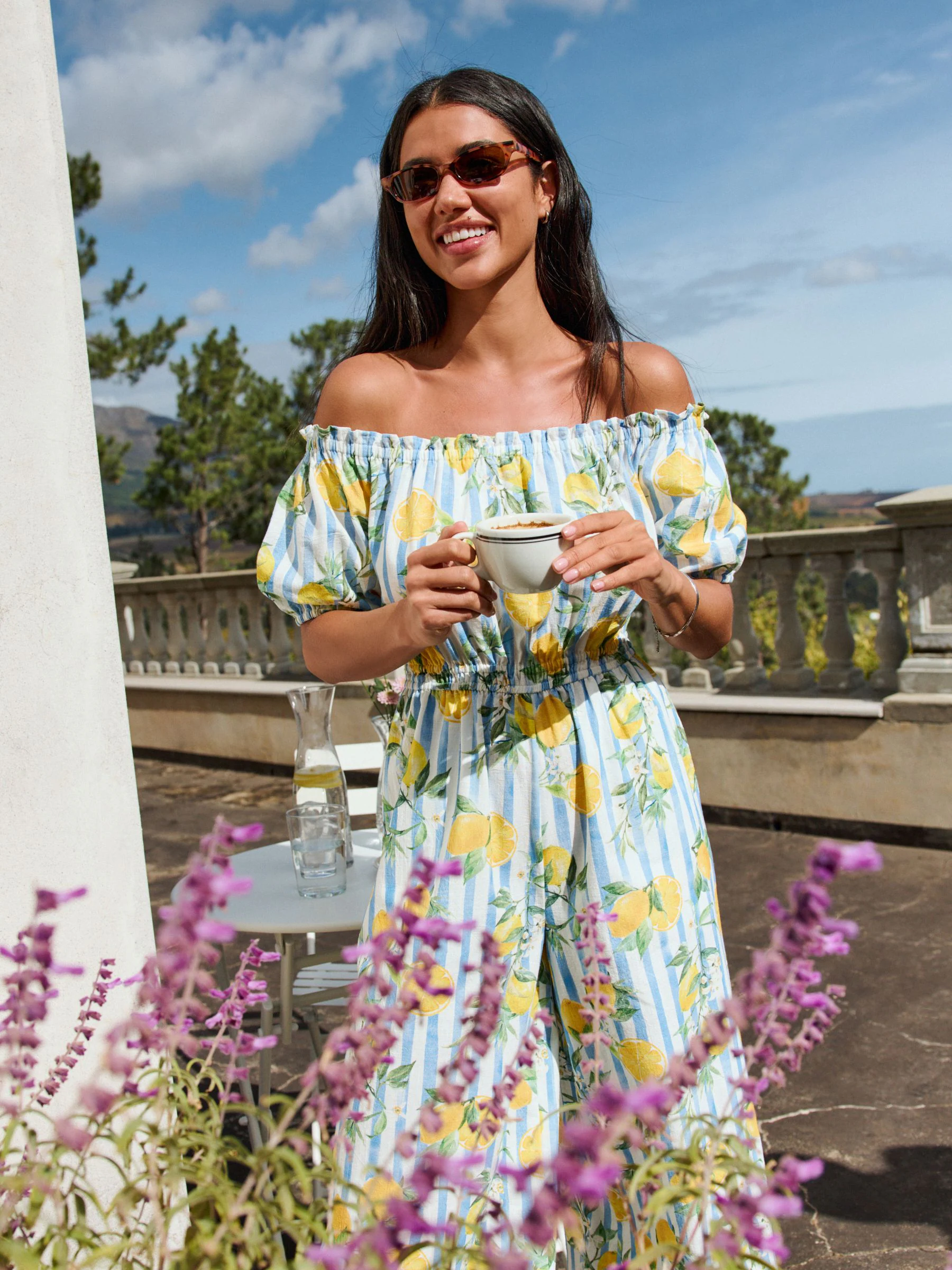 Blauw/witte streep - Jumpsuit met blote schouders en wijde pijpen van 100% katoen
