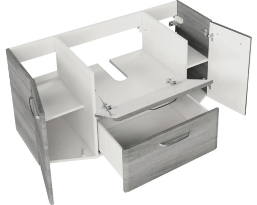 Pelipal Quickset 328 badkamermeubelset, BxHxD 145 x 200 x 39 cm, grafiet getextureerde fronten (horizontaal patroon), met mineraal gegoten wastafel en hoge kast 328.120003