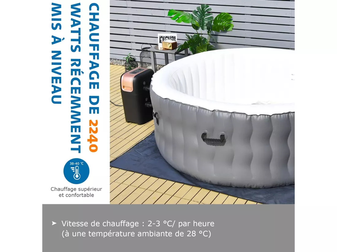 Spa Gonflable avec 108 Jets de Massage, 180 x 68 CM, Spa Rond Portable à 4 Personnes pour Intérieur/Extérieur, Filtration à Cartouche et Bâche de Protection pour Le Spa, Gris (sans Appui-tête et Porte-gobelet)