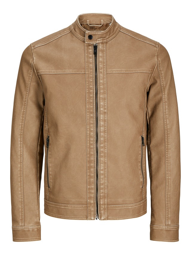 Jack & Jones Lederimitatjacke »JJEWARNER WASHED PU JACKET NOOS« ohne Kapuze mit Bandkragen