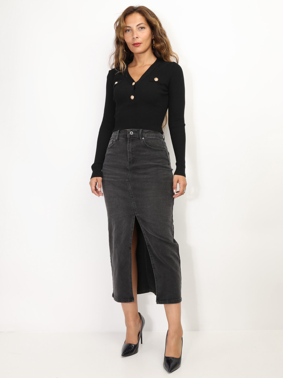 Jupe longue en denim fendue- Gris anthracite