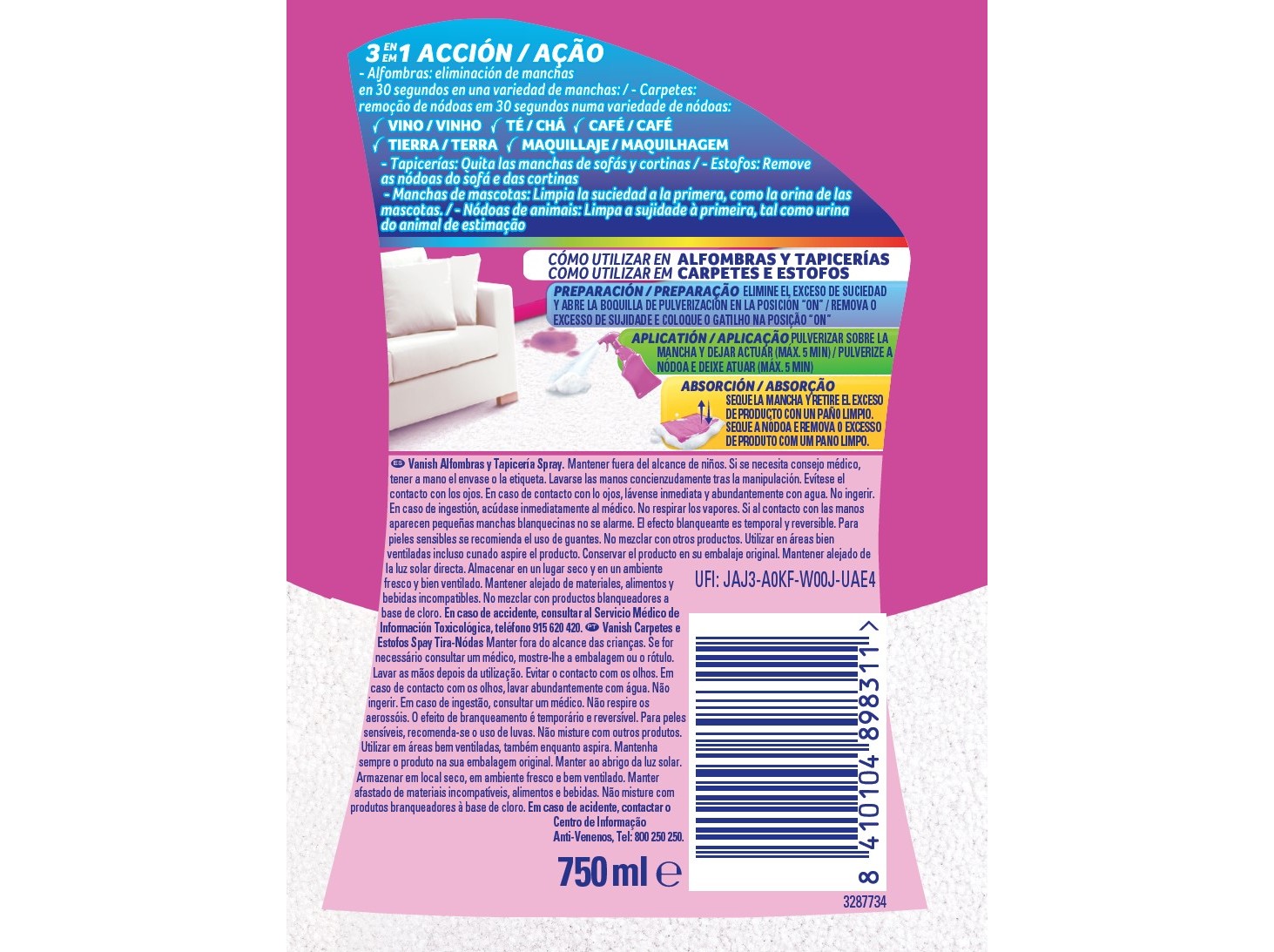SPRAY TIRA NÓDOAS CARPETE E ESTOFOS VANISH 750ML