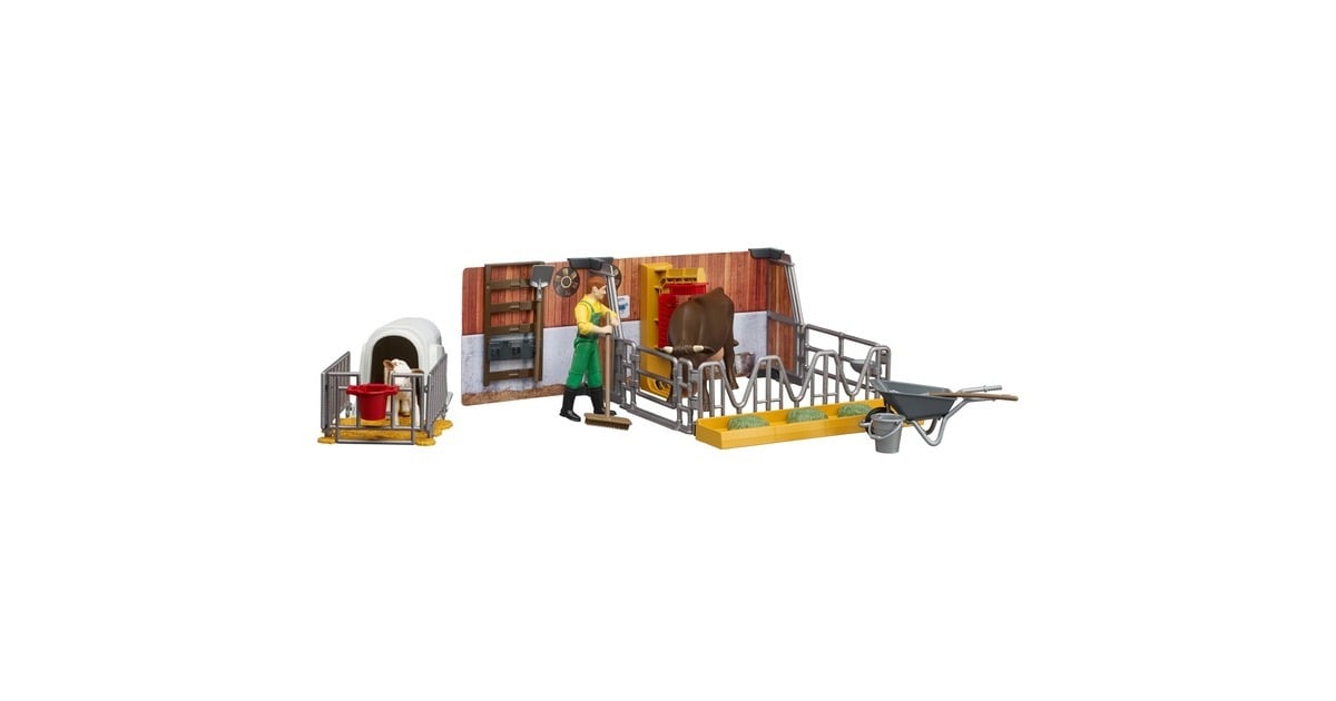bruderbworld Koeienstal met kalfje en boer Decors  (62611)